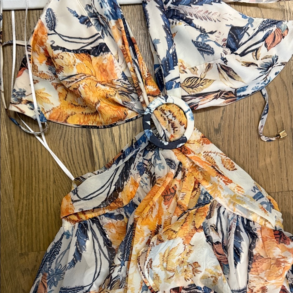 Luxxel White Floral Halter Maxi Dress with Orange & Navy Accents - Picture 3 of 5